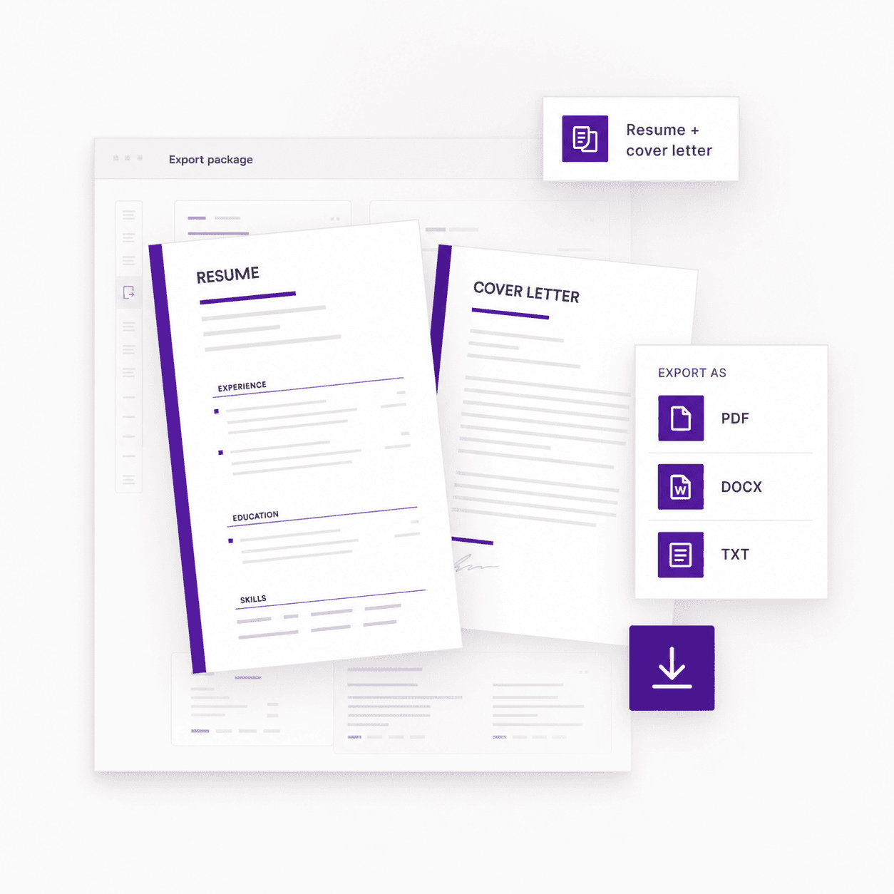 Illustration of a CV, cover letter, and export options for PDF, DOCX, and TXT