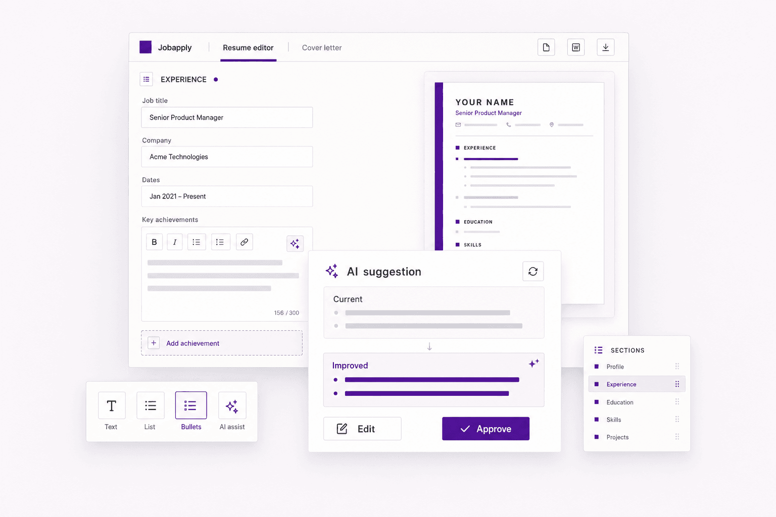 Illustration of a JobApply resume editor with AI suggestions and CV preview