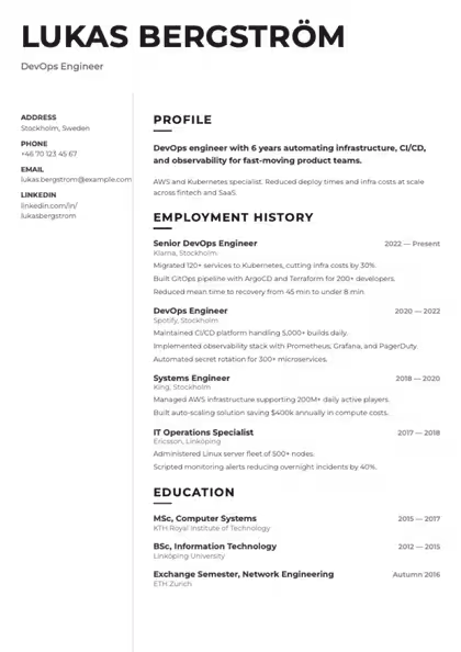 Compact resume template preview — page 1