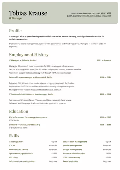 Dynamic resume template preview — page 1