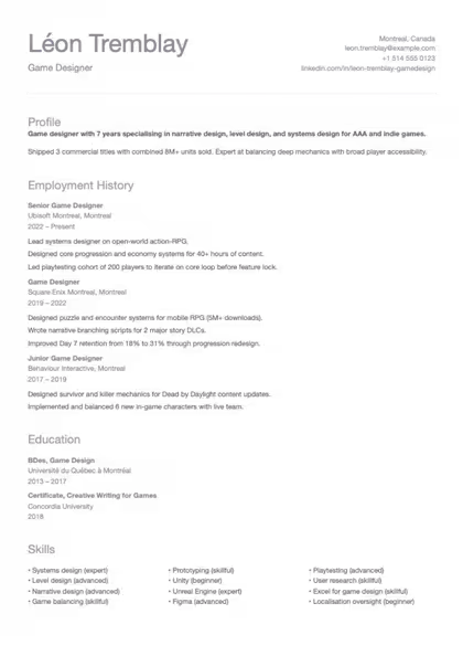 Editorial resume template preview — page 1