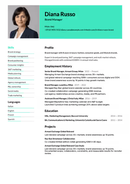 Modern resume template preview — page 1