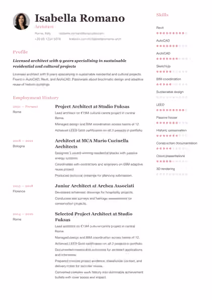 Architect resume template preview — page 1