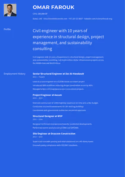 Civil Engineer resume template preview — page 1