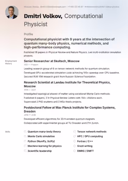 Sharp resume template preview — page 1