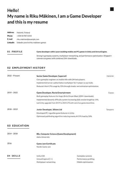 Spacious resume template preview — page 1