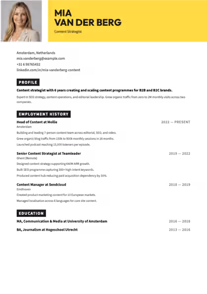 Warm resume template preview — page 1